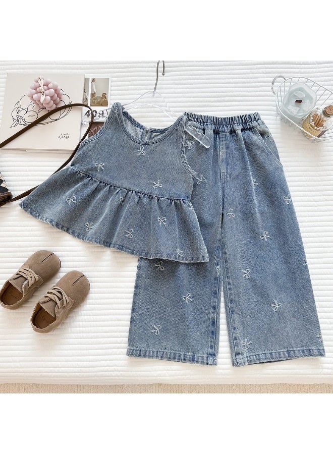 Ayada Home Girls 2-Piece Denim Set, Bow Embroidery Sleeveless Peplum Top + Wide Leg Pants - Image 1