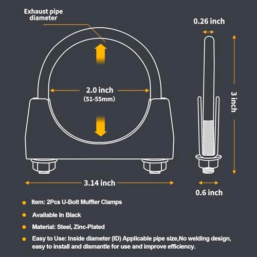 XIEKRAB 2Pcs Heavy Duty 2 inch Muffler Clamps Rustproof, 2" Exhaust Pipe Diameter, Black Saddle Style U-Bolt Clamp - Image 2