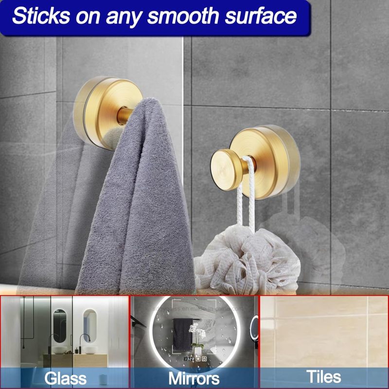 Suction Cup Shower Hook: 2 Pcs Gold Stainless Steel - 15 Lbs Load Capacity Rustproof Waterproof - Hassle-Free Removable Repositionable for Bathroom Shower Towel Hanging - Image 5