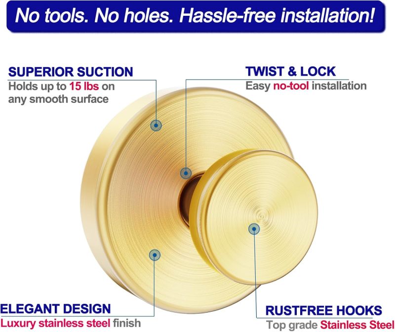 Suction Cup Shower Hook: 2 Pcs Gold Stainless Steel - 15 Lbs Load Capacity Rustproof Waterproof - Hassle-Free Removable Repositionable for Bathroom Shower Towel Hanging - Image 2