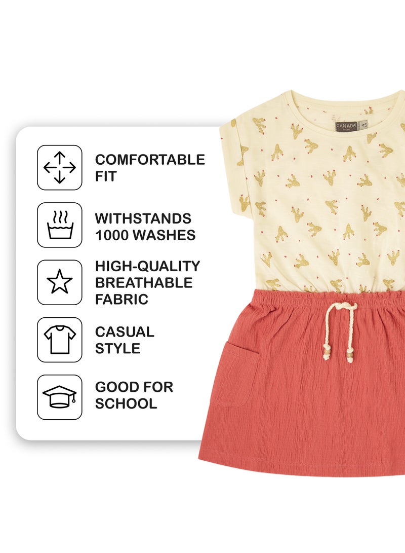 CANADA HOUSE Soft and Comfortable Printed Cotton Jersey Dress with Short Sleeves and Round Neckline for Girls Ecru and Pink  - Image 3