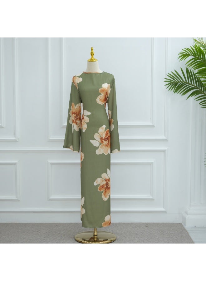 Women Floral Printed Round Neck Abaya Dress Flared Sleeve Tie Waist Loose Maxi Dress - Image 3