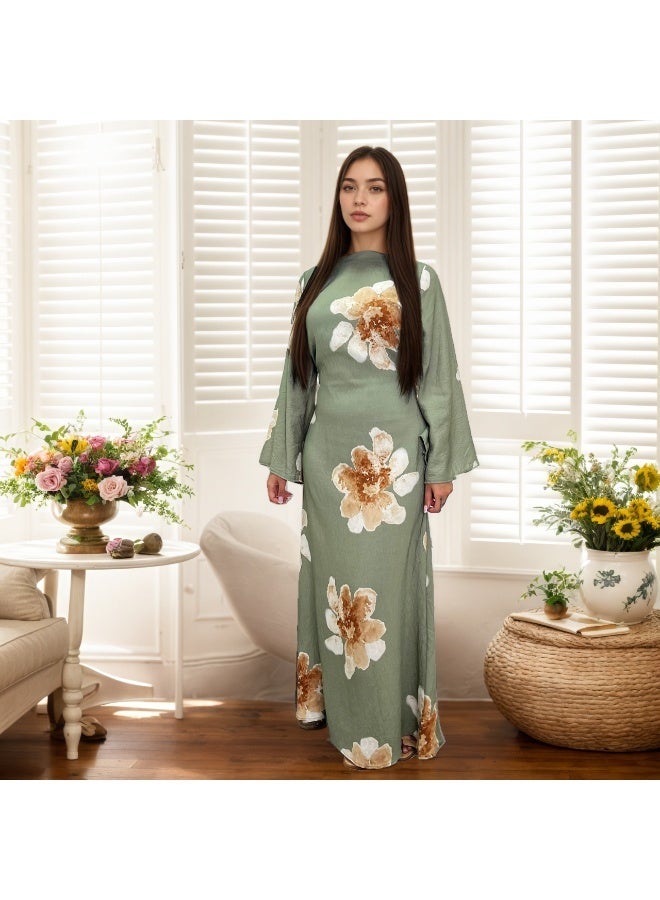 Women Floral Printed Round Neck Abaya Dress Flared Sleeve Tie Waist Loose Maxi Dress - Image 1