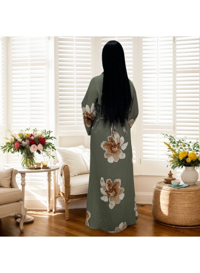Women Floral Printed Round Neck Abaya Dress Flared Sleeve Tie Waist Loose Maxi Dress - Image 2
