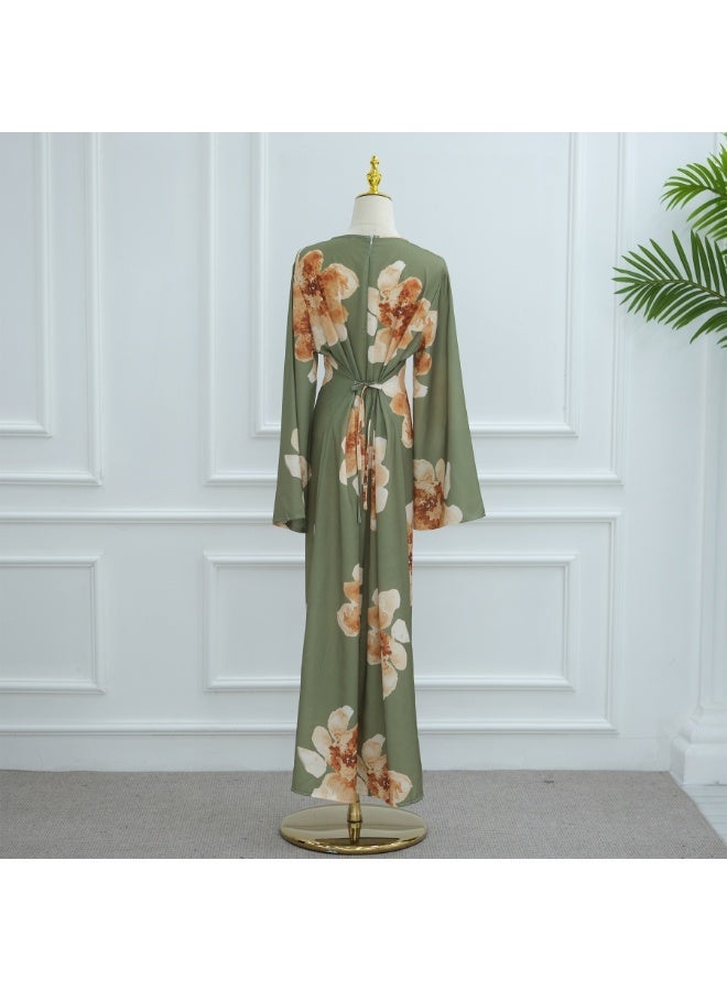 Women Floral Printed Round Neck Abaya Dress Flared Sleeve Tie Waist Loose Maxi Dress - Image 4