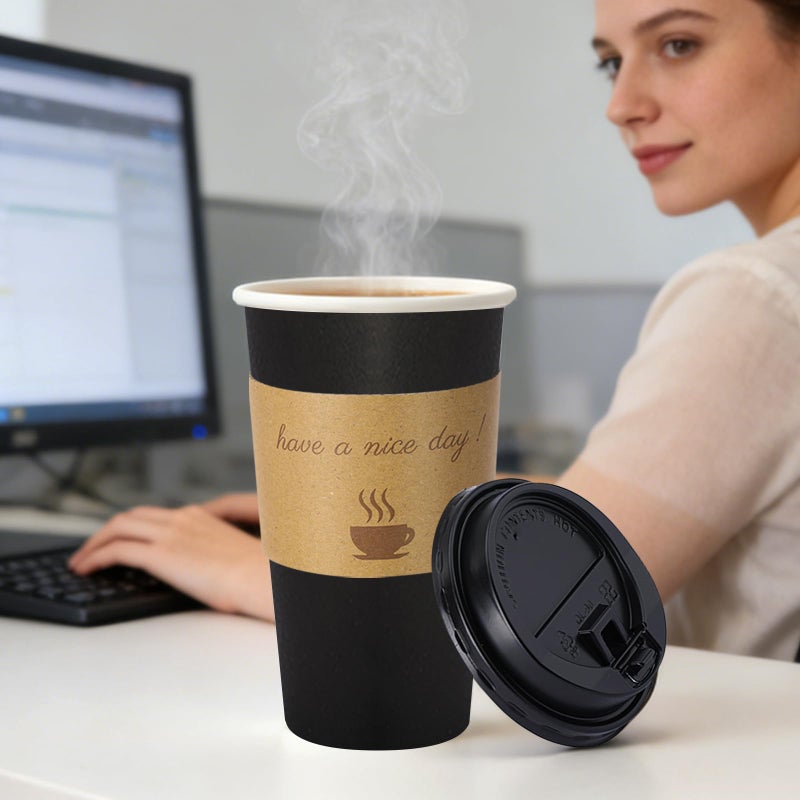 BYSNOW 50 Pack 20 oz Disposable Coffee Cups with Lids, Paper Hot Coffee Cups with Sleeve and Straw, To Go Cups for Home, Office and Party (Black 20oz) - Image 4