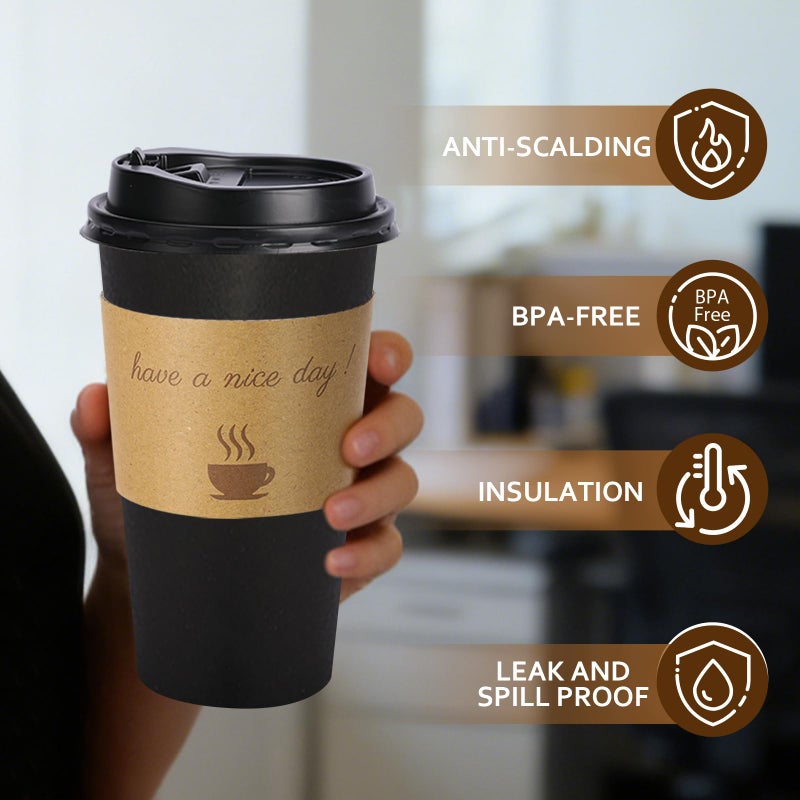 BYSNOW 50 Pack 20 oz Disposable Coffee Cups with Lids, Paper Hot Coffee Cups with Sleeve and Straw, To Go Cups for Home, Office and Party (Black 20oz) - Image 3