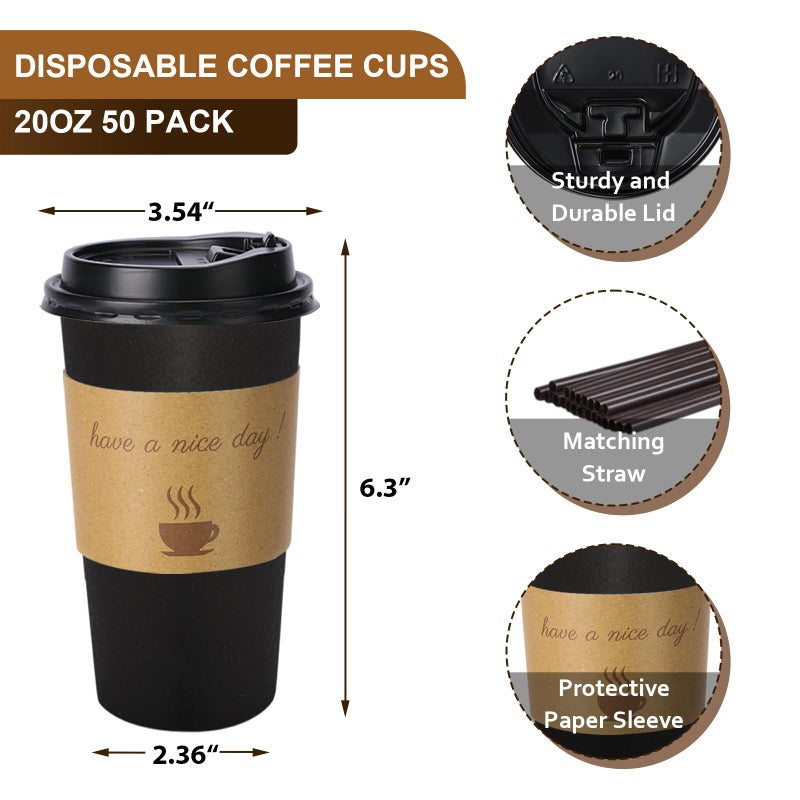 BYSNOW 50 Pack 20 oz Disposable Coffee Cups with Lids, Paper Hot Coffee Cups with Sleeve and Straw, To Go Cups for Home, Office and Party (Black 20oz) - Image 2