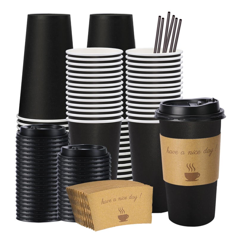 BYSNOW 50 Pack 20 oz Disposable Coffee Cups with Lids, Paper Hot Coffee Cups with Sleeve and Straw, To Go Cups for Home, Office and Party (Black 20oz) - Image 1