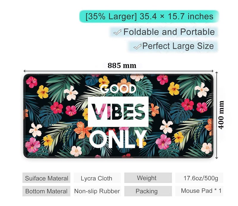 INOVERA Neoprene Extended Anti-Slip Rubber Gaming Mouse Pad Floral Stitched for Laptop, Computer Mat, 885L x 400B mm (Flower Good Vibes Only) - Image 2