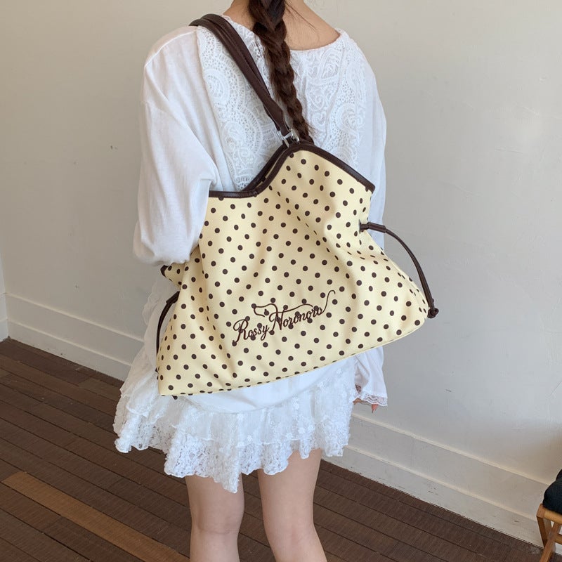 Women's Canvas Shoulder Bag with Polka Dot Color-Block and Bow - Image 3