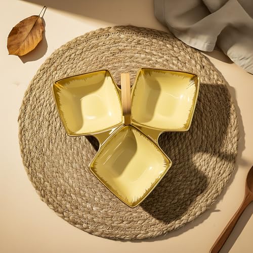 Lemon Tree Ceramic Tri-Part Platter with Bamboo Handle & Golden Rim Design – Serving Platter for Nuts, Chips, Snacks, Desserts, Fruits, Dips, Chutney (Cream) - Image 3