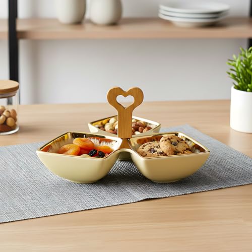 Lemon Tree Ceramic Tri-Part Platter with Bamboo Handle & Golden Rim Design – Serving Platter for Nuts, Chips, Snacks, Desserts, Fruits, Dips, Chutney (Cream) - Image 4