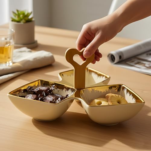 Lemon Tree Ceramic Tri-Part Platter with Bamboo Handle & Golden Rim Design – Serving Platter for Nuts, Chips, Snacks, Desserts, Fruits, Dips, Chutney (Cream) - Image 5