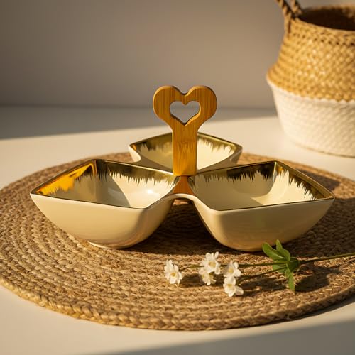 Lemon Tree Ceramic Tri-Part Platter with Bamboo Handle & Golden Rim Design – Serving Platter for Nuts, Chips, Snacks, Desserts, Fruits, Dips, Chutney (Cream) - Image 1