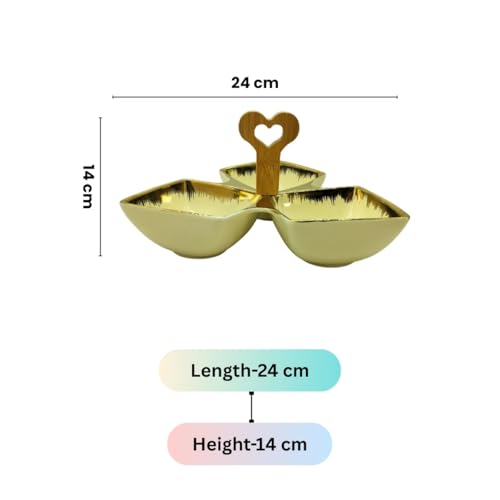 Lemon Tree Ceramic Tri-Part Platter with Bamboo Handle & Golden Rim Design – Serving Platter for Nuts, Chips, Snacks, Desserts, Fruits, Dips, Chutney (Cream) - Image 2