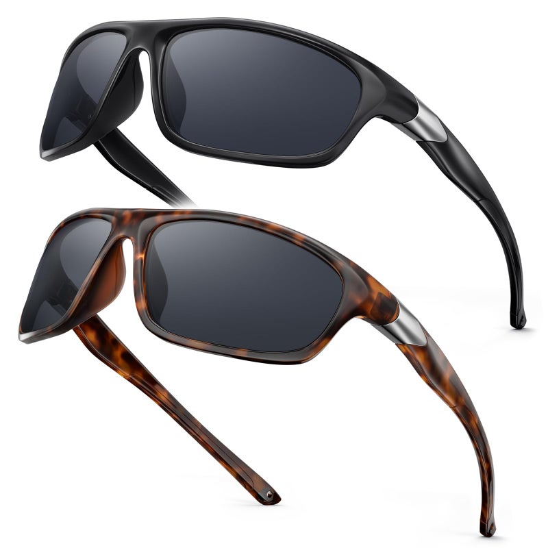 SKYOAK 2 Pack Polarized Sports Sunglasses For Men Women  Tr90 Wrap Around Design Sun Glasses Uv400 Protection Outdoor Driving Cycling Fishing Black+Tortoise - Image 1
