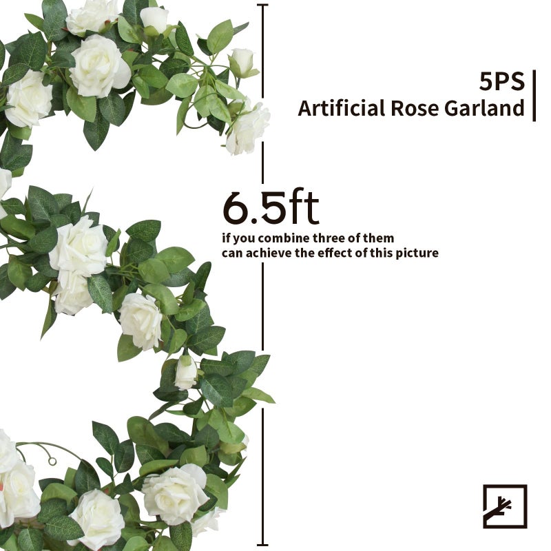 ZIFTY 5Pcs 32.5FT Artificial Rose Vine Fake Flower Garland White Fake Silk Floral Hanging for Wedding Arch, Garden Tea Party Backdrop Room Decor and Home Decoration Outdoor Wall Decor - Image 2