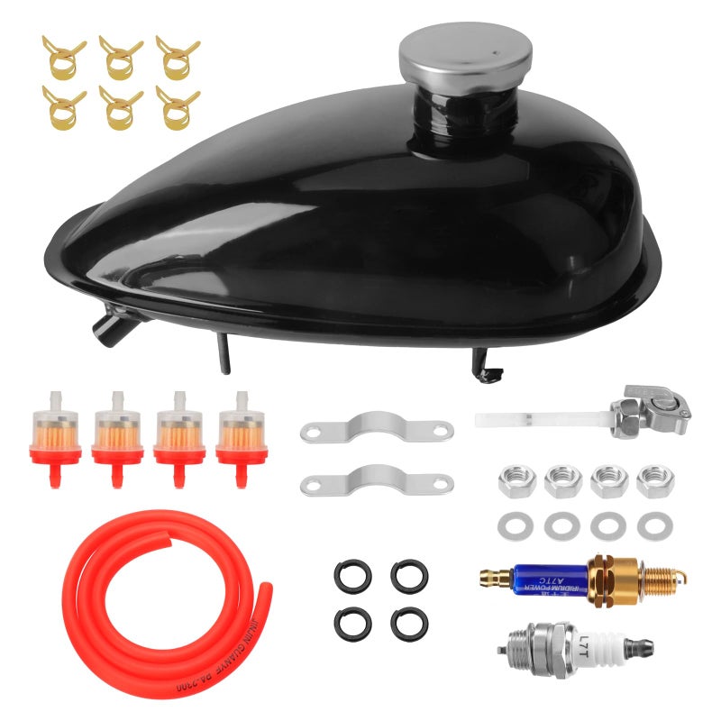 TIMZH 2L black metal fuel tank with lid, Petcock, filter and complete installation kit, compatible with 2-stroke 49-80cc bicycles and electric bicycles - Image 1