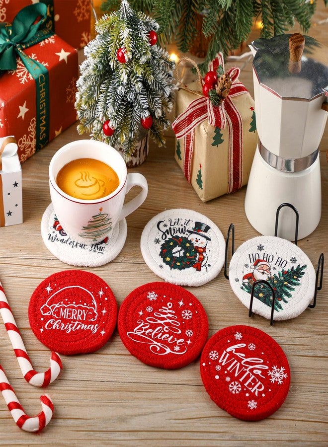 Leinuosen 6 Pcs Merry Christmas Coasters Handmade Braided Cotton Holiday Drink Mats Festive Plaid Snowflake Design Anti Slip Absorbent Cup Coasters for Home Office Party Table Decor(Buffalo Plaid) - Image 2