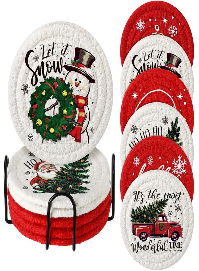 Leinuosen 6 Pcs Merry Christmas Coasters Handmade Braided Cotton Holiday Drink Mats Festive Plaid Snowflake Design Anti Slip Absorbent Cup Coasters for Home Office Party Table Decor(Buffalo Plaid) - Image 1