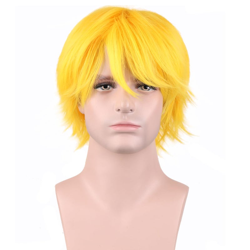 RightOn 12 Inches Yellow Wig Short Yellow Wig for Men and Women Cosplay Halloween Party Hairnet Include