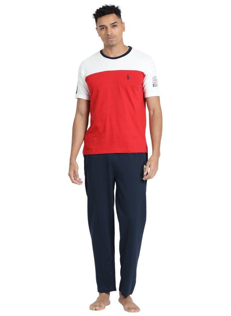 victor and jane Men's Cotton Pyjama Sets with Round Neck T-shirt in White-Red and Navy long pants  - Image 1