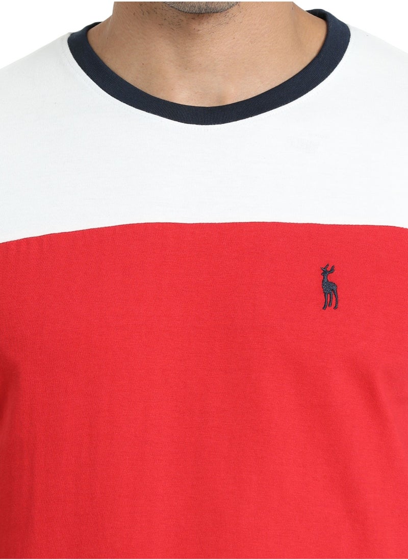 victor and jane Men's Cotton Pyjama Sets with Round Neck T-shirt in White-Red and Navy long pants  - Image 3