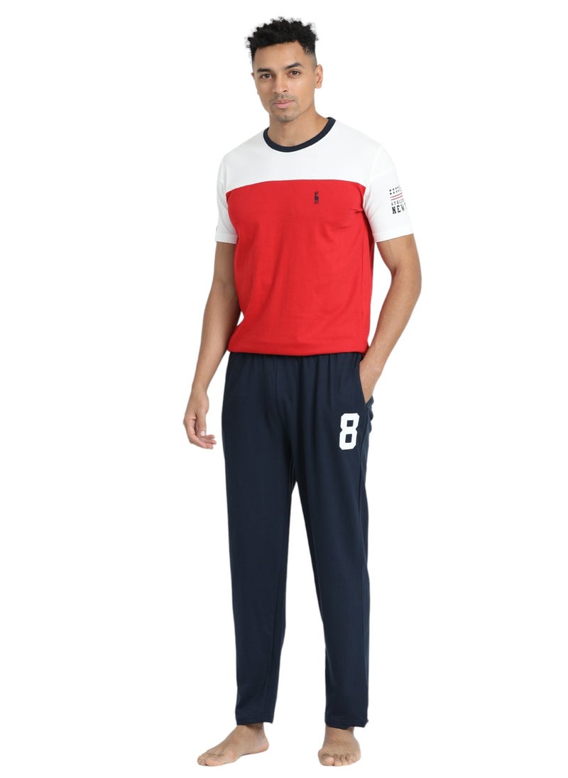 victor and jane Men's Cotton Pyjama Sets with Round Neck T-shirt in White-Red and Navy long pants  - Image 4