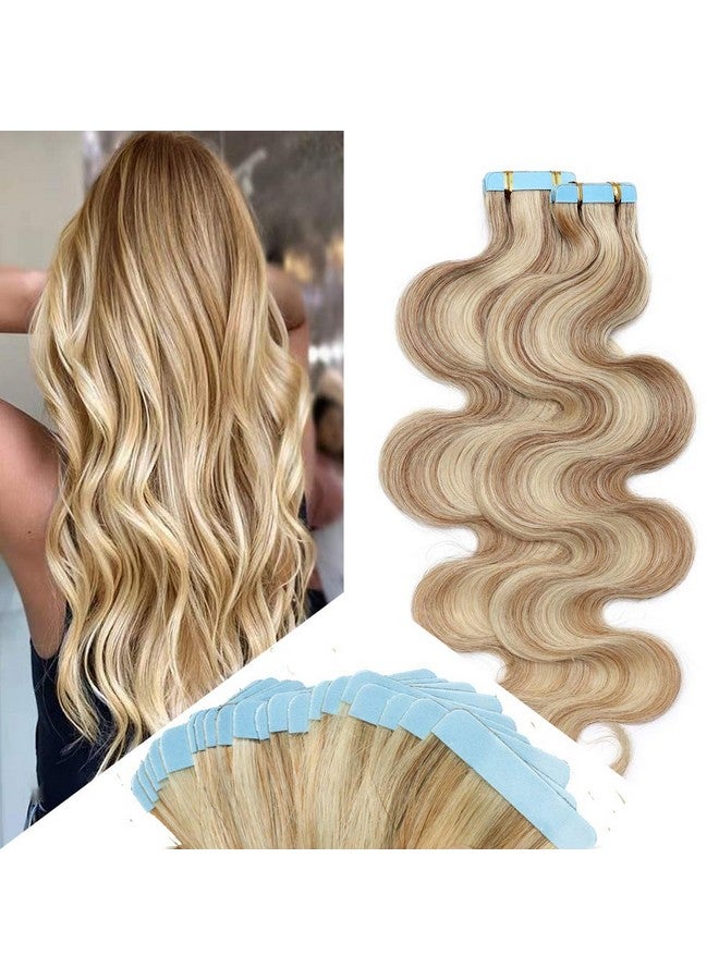 Hairro 16 Inch Real Human Hair Tape In Hair Extensions Highlight 12/613 Golden Brown Mix Bleach Blonde 20Pcs Long Body Wave Hair Seamless Skin Weft Glue In Wavy Hairpieces Invisible Double Sided Tape 50G - Image 2