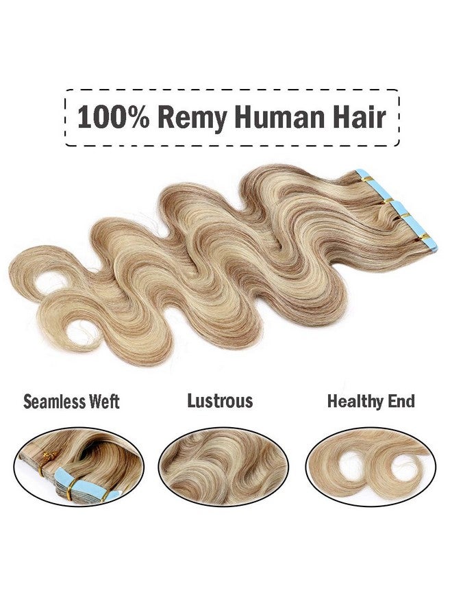 Hairro 16 Inch Real Human Hair Tape In Hair Extensions Highlight 12/613 Golden Brown Mix Bleach Blonde 20Pcs Long Body Wave Hair Seamless Skin Weft Glue In Wavy Hairpieces Invisible Double Sided Tape 50G - Image 3