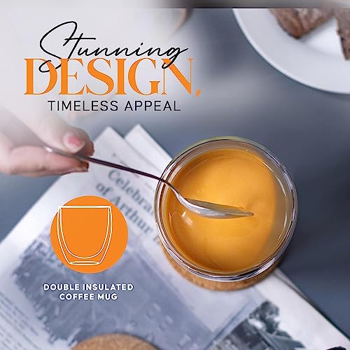 KELVEE Double Wall Glass Coffee Mugs Set of 2, 250ml Without Handle Insulated Glass Coffee Mug Without Handle, Clear Coffee Mugs (2) - Image 4