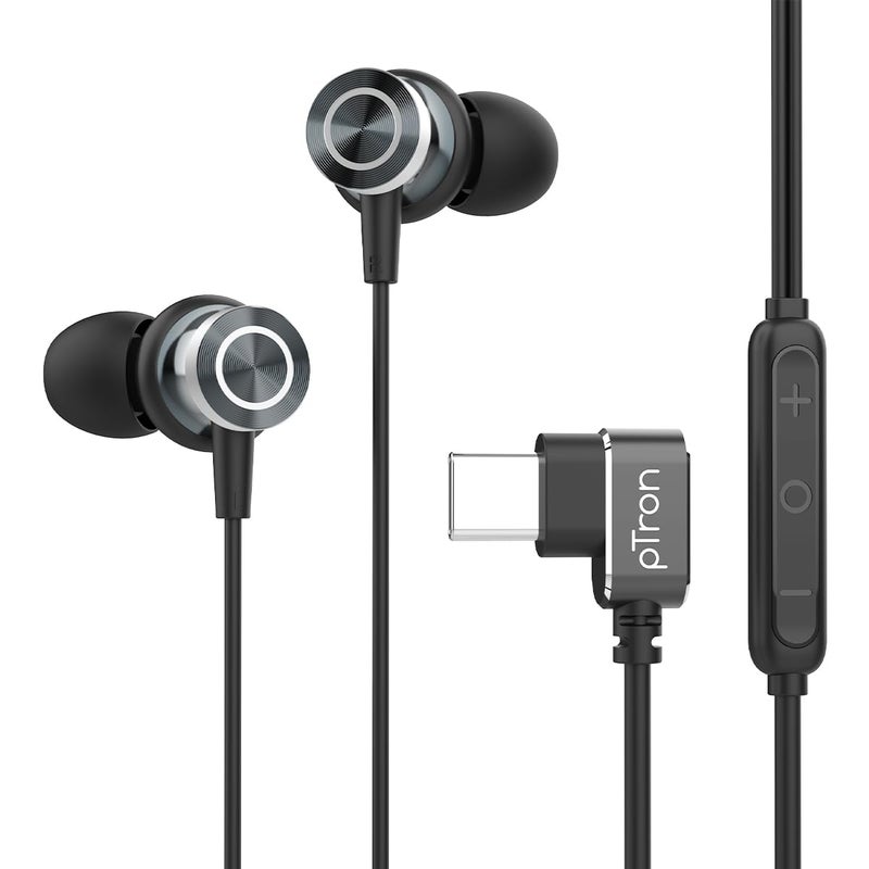 PTron سماعات Boom Play X3 السلكية بتوصيل Type C مع ميكروفون، محركات 10 مم لصوت نقي، تحكم مدمج، موصل USB-C بزاوية 90 درجة، كابل بطول 1.2 متر خالي من التشابك، رؤوس معدنية وتوافق واسع (أسود) - Image 1