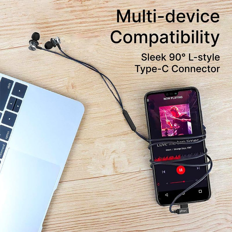 PTron سماعات Boom Play X3 السلكية بتوصيل Type C مع ميكروفون، محركات 10 مم لصوت نقي، تحكم مدمج، موصل USB-C بزاوية 90 درجة، كابل بطول 1.2 متر خالي من التشابك، رؤوس معدنية وتوافق واسع (أسود) - Image 3