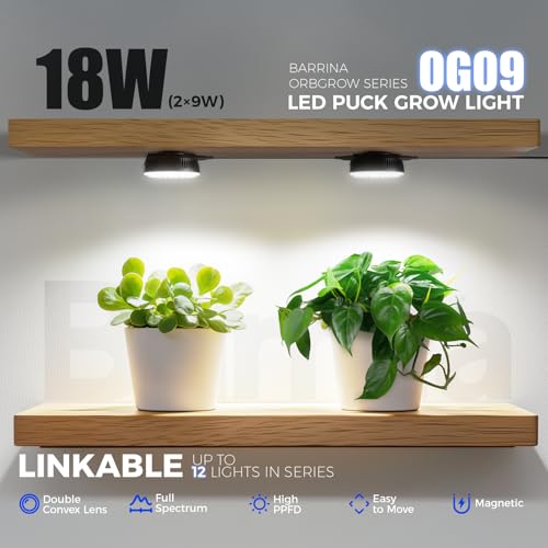 Barrina Orbgrow OG09 Puck LED Grow Light, 5000K 18W(2 x 9W, 270 Watt Equiv), Plant Lights for Indoor Plants Full Spectrum, Magnetic & Linkable, Small Grow lamp, Perfect for Plant Shelf, 2 Packs, Black - Image 2