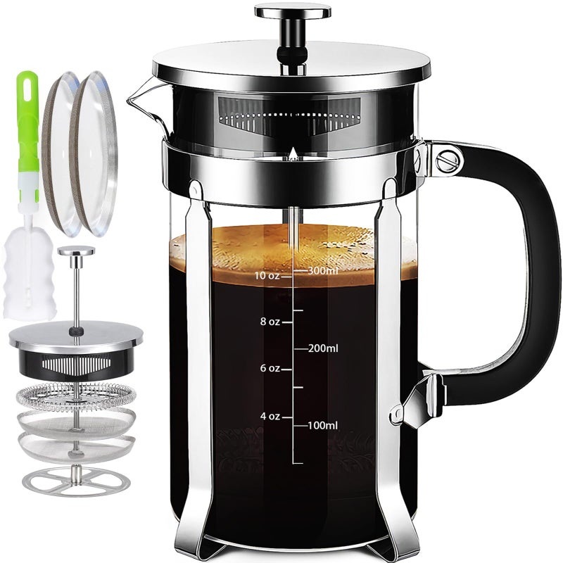 YMMIND French Press Coffee Maker 304 Stainless Steel Coffee Presswith 4 Filters System Heat Resistant Thickness Borosilicate French Press Glass BPAFree Brewed Tea Pot Coffee PlungerCopper 12oz