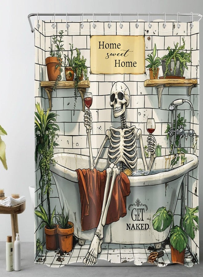 HVEST Skull Skeleton Shower Curtain for Bathroom Gothic Funny Skeleton in Bathtub and Green Plant Potted Shower Curtain Get Naked Bath Curtain Polyester Fabric with Hooks, 72Lx72W Inches - Image 1