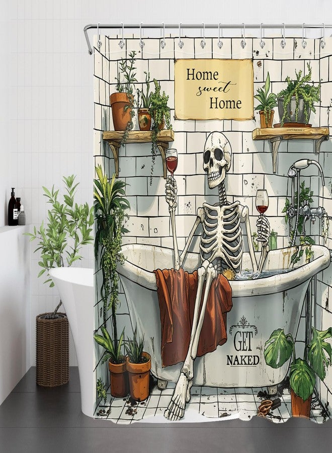 HVEST Skull Skeleton Shower Curtain for Bathroom Gothic Funny Skeleton in Bathtub and Green Plant Potted Shower Curtain Get Naked Bath Curtain Polyester Fabric with Hooks, 72Lx72W Inches - Image 2