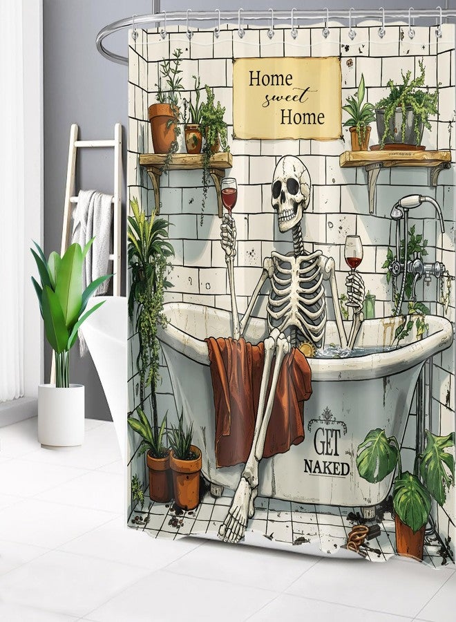 HVEST Skull Skeleton Shower Curtain for Bathroom Gothic Funny Skeleton in Bathtub and Green Plant Potted Shower Curtain Get Naked Bath Curtain Polyester Fabric with Hooks, 72Lx72W Inches - Image 3