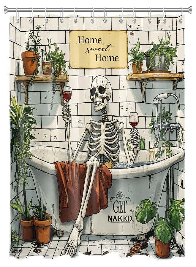 HVEST Skull Skeleton Shower Curtain for Bathroom Gothic Funny Skeleton in Bathtub and Green Plant Potted Shower Curtain Get Naked Bath Curtain Polyester Fabric with Hooks, 72Lx72W Inches - Image 4