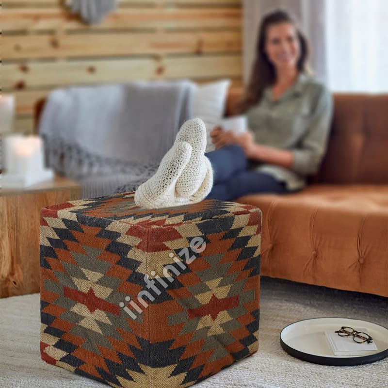 iinfinize Sitting Muddha Rustic Woven Pouffe Furniture Footrest Seat Pouf Cover Turkish Ottoman Cover Stylish Kilim Handloom Wool Jute Footstool for Office Multipurpose Bean Bag - Image 1
