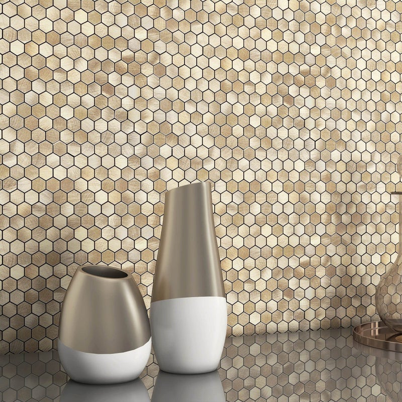 BeNice Peel and Stick Backsplash Kitchen Mosaic Tiles Penny Hexagon Small Metal Stickers(10PCS,Silver)