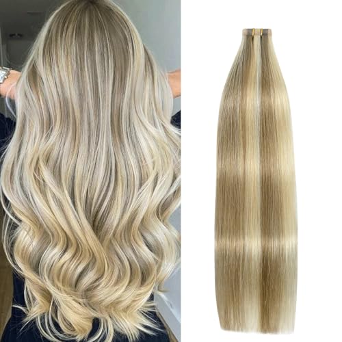 Aison Tape in Hair Extensions Ash Blonde Mixed Bleach Blonde 100 Remy Human Hair Extensions Silky Straight for Women 20 PcsPackage18Inch 18p613 40g - Image 1