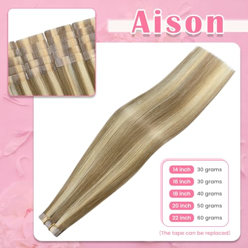 Aison Tape in Hair Extensions Ash Blonde Mixed Bleach Blonde 100 Remy Human Hair Extensions Silky Straight for Women 20 PcsPackage18Inch 18p613 40g - Image 3