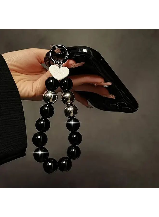 Black Beaded Phone Wrist Strap with Golden Clasp and Heart Charm - Image 2