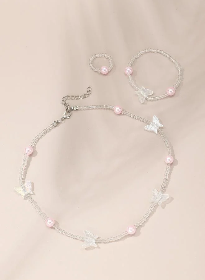 تايك تو طقم عقد وسوار وأقراط بخرز وفراشة - 3 قطع