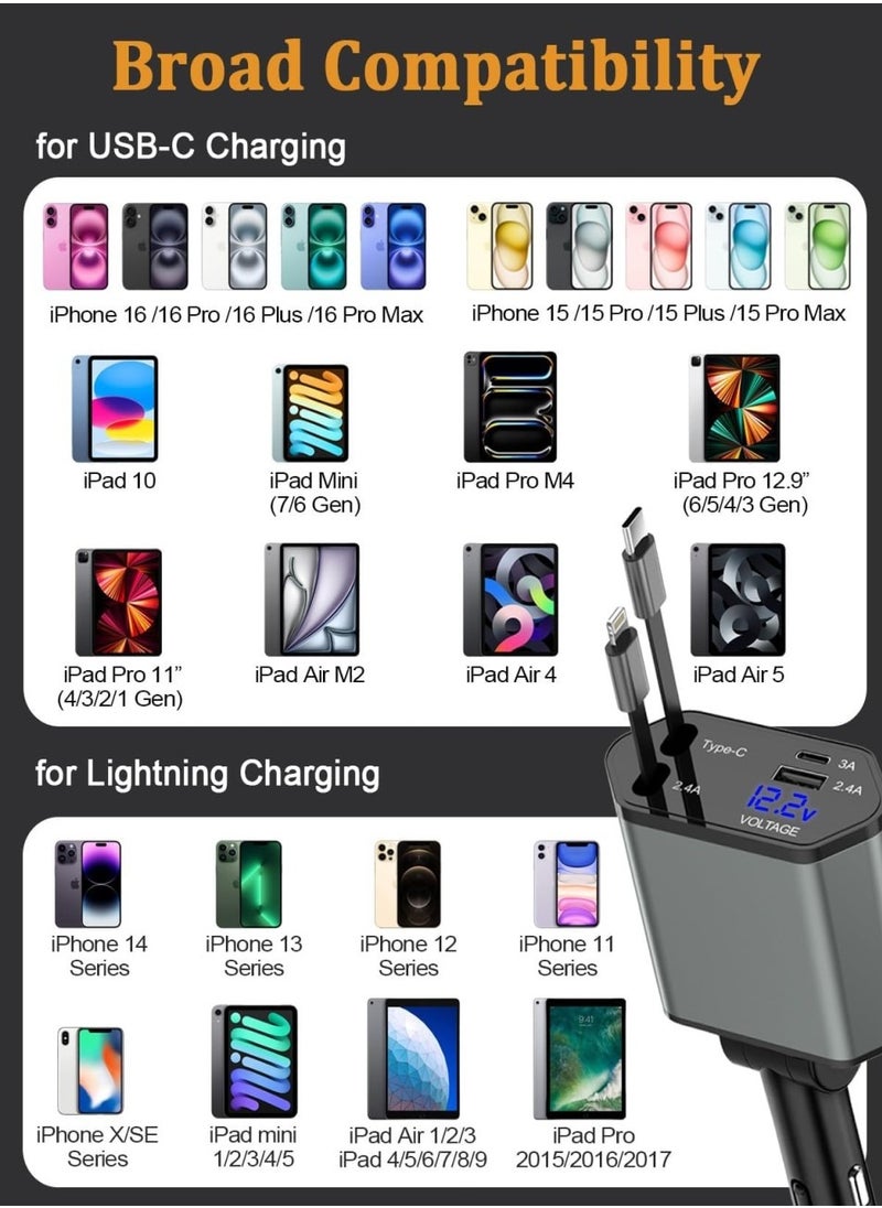 Changli - Retractable Car Charger, 4 in 1 Fast Charging Car Charger USB-C & USB-A, Retractable Cables Compatible with iPhone 16/15/14/13/12/11,Galaxy,Pixel - Image 1