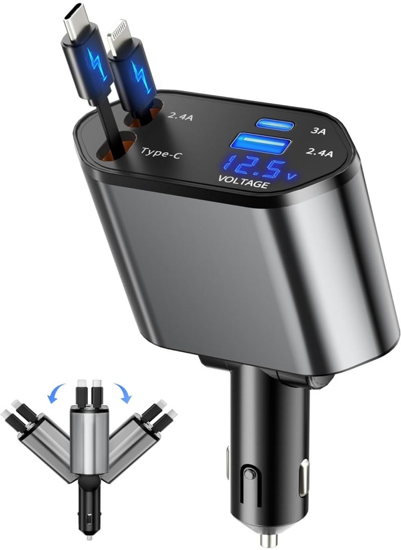 Changli - Retractable Car Charger, 4 in 1 Fast Charging Car Charger USB-C & USB-A, Retractable Cables Compatible with iPhone 16/15/14/13/12/11,Galaxy,Pixel - Image 1