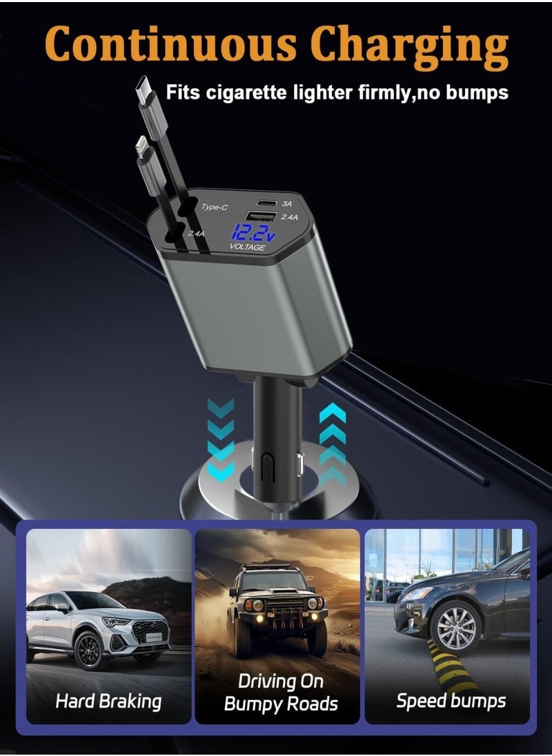 Changli - Retractable Car Charger, 4 in 1 Fast Charging Car Charger USB-C & USB-A, Retractable Cables Compatible with iPhone 16/15/14/13/12/11,Galaxy,Pixel - Image 1