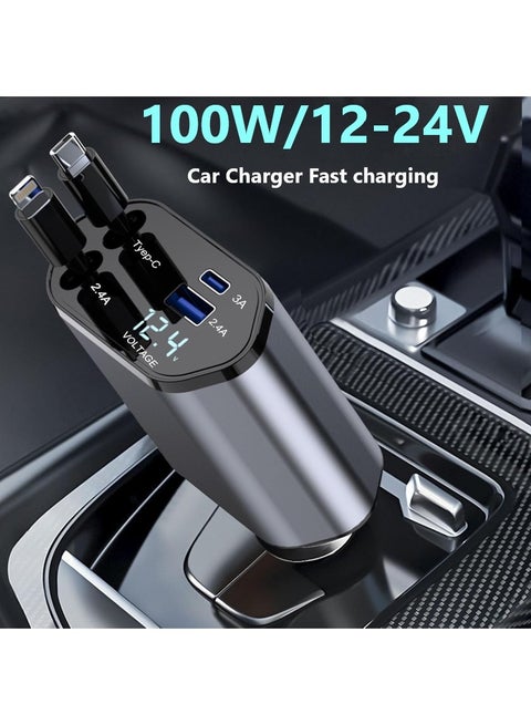 شاحن سيارة قابل للسحب، شاحن سيارة سريع الشحن 4 في 1 USB-C و USB-A، كابلات قابلة للسحب متوافقة مع iPhone 16/15/16/14/13/12/11، Galaxy، Pixel